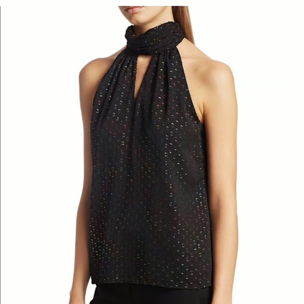 Milly Emma Tie Neck Rainbow Tank  in black chiffon with a halter neckline